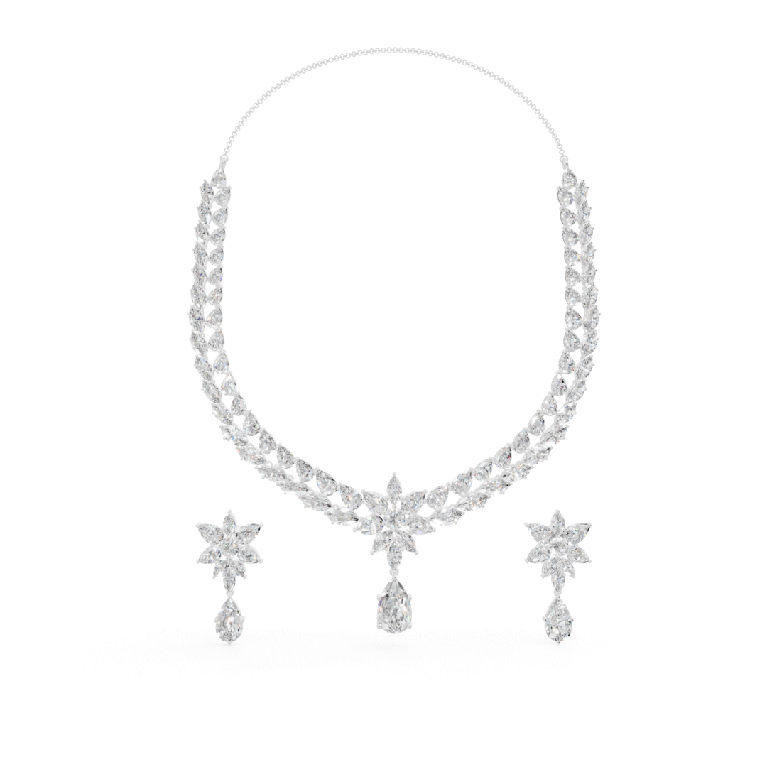 Floral Leaf Pattern Pear Drop Diamond Necklace Set