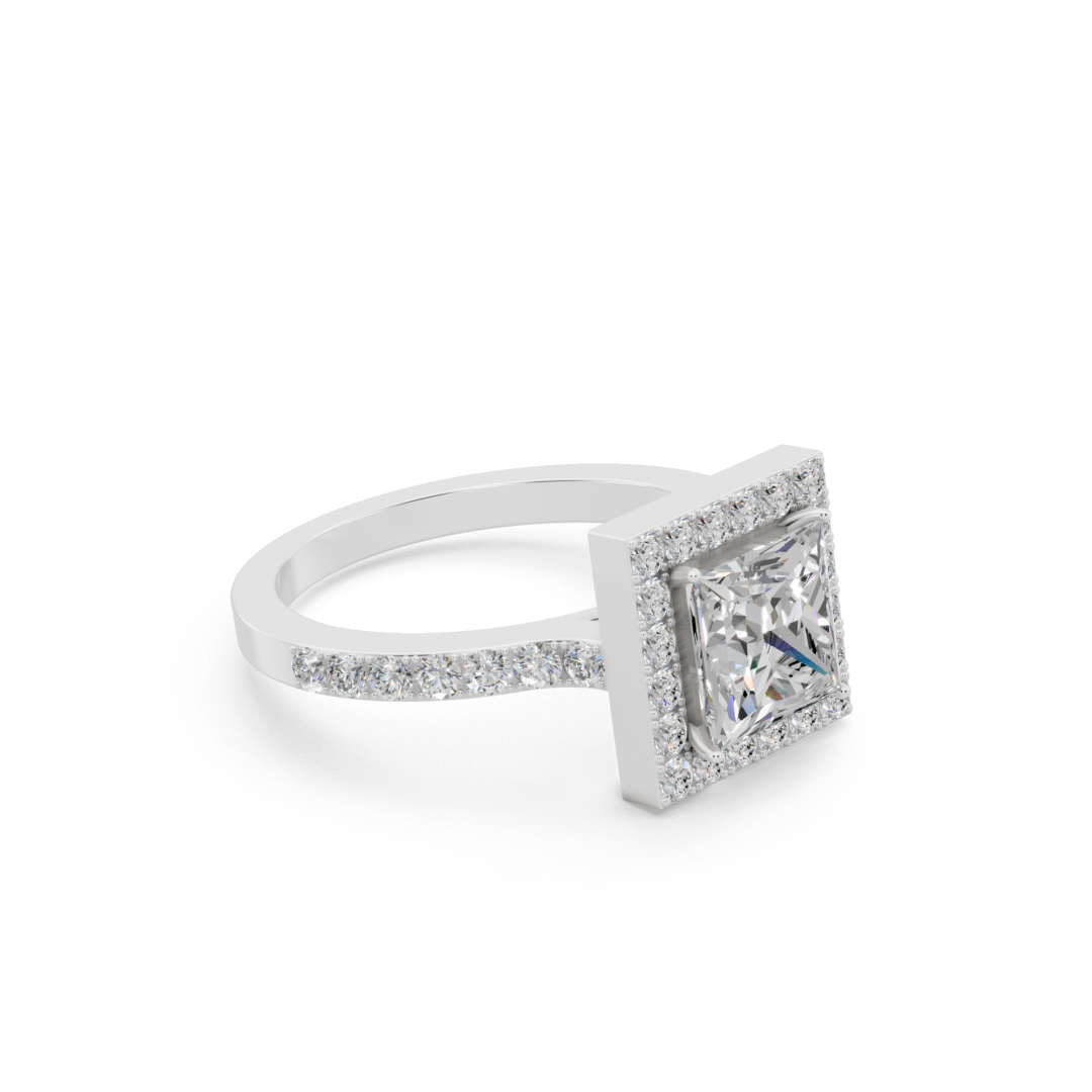 High Quality Anyra Princess Halo Diamond Engagement Ring with Side Stones