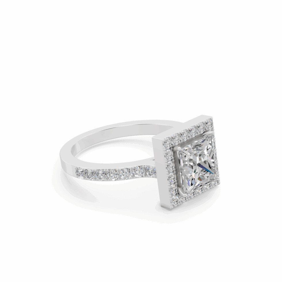 High Quality Anyra Princess Halo Diamond Engagement Ring with Side Stones