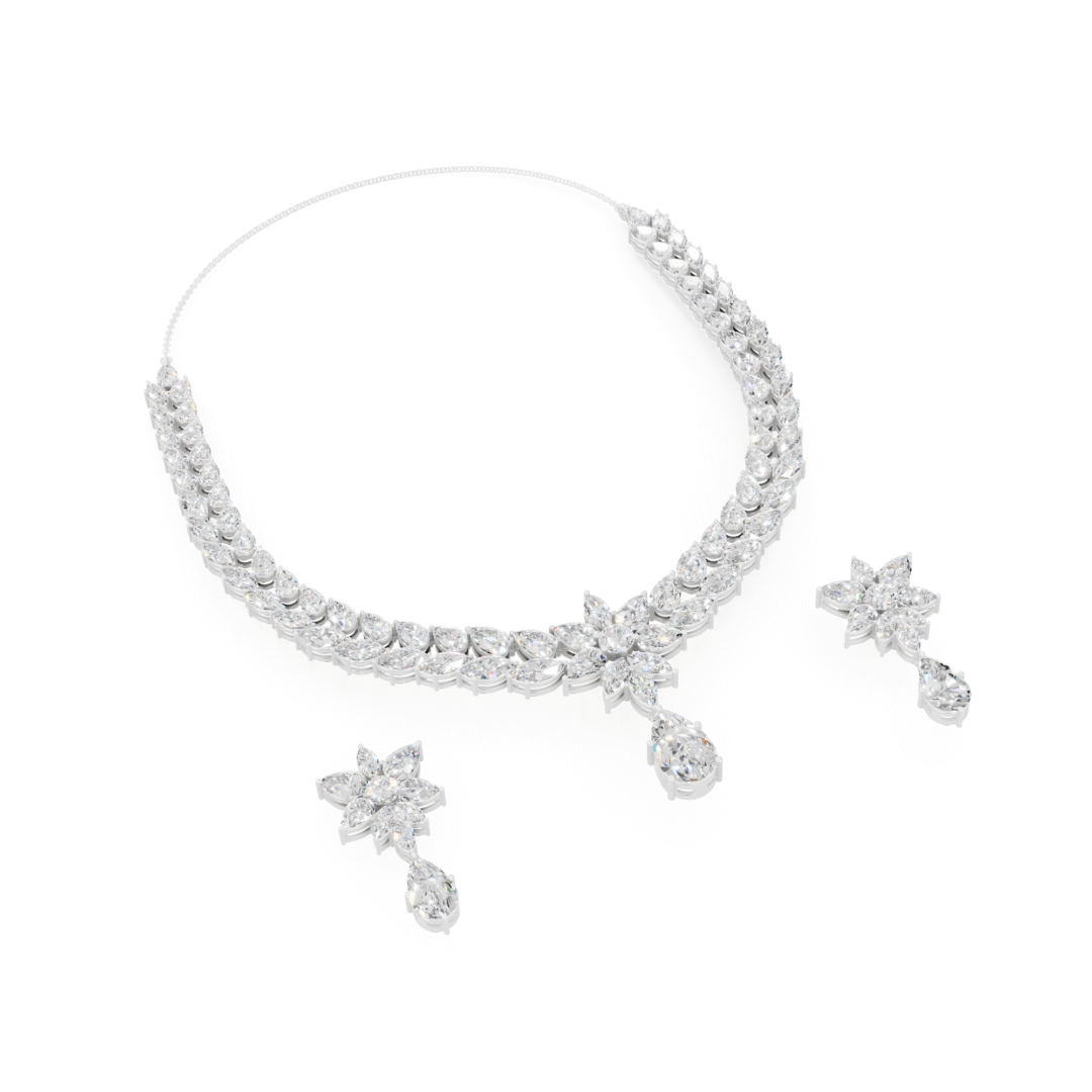 Best Quality Anyra Floral Leaf Pattern Pear Drop Diamond Necklace Set