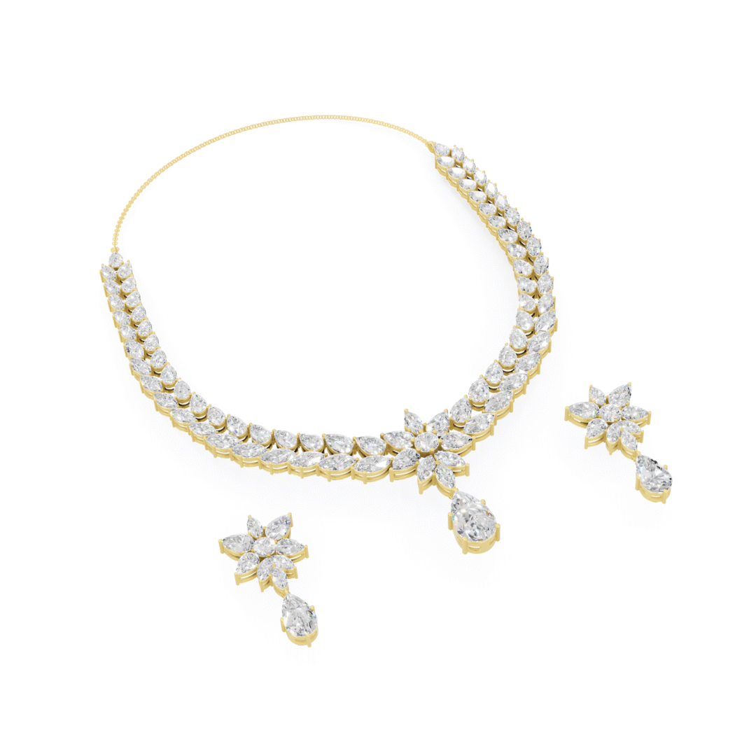 Floral Leaf Pattern Pear Drop Diamond Necklace Set